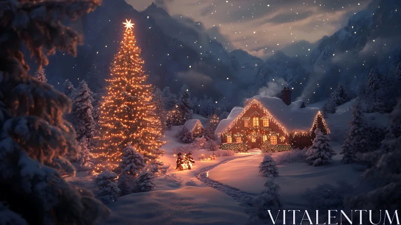 Snow-covered cabin and illuminated tree in winter landscape.