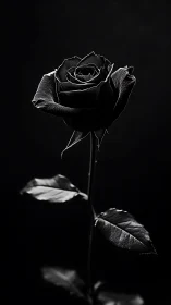 Monochrome macro study of a single black rose stemmed portrait.