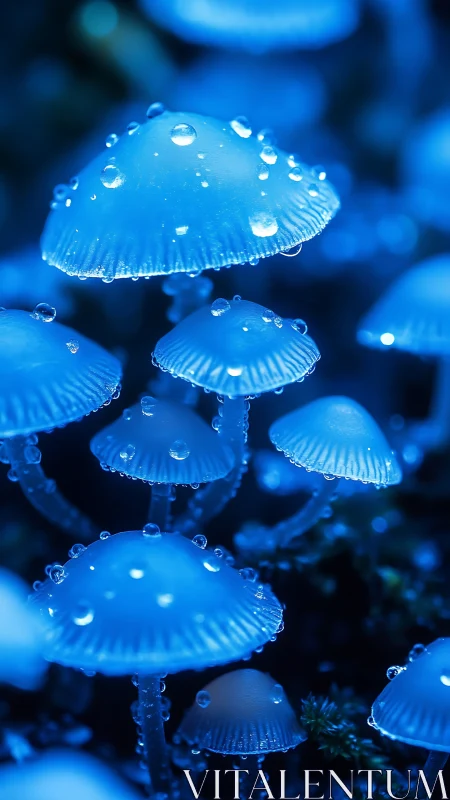 Glowing blue mushrooms sparkling softly with dewy magic.