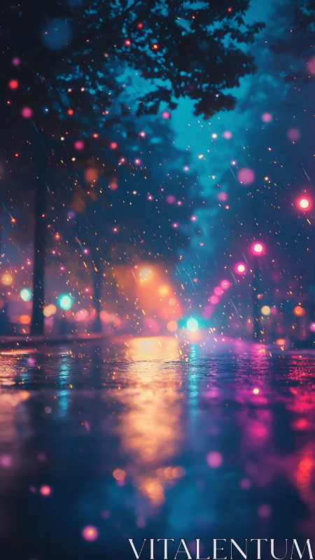 Neon city rain glows over reflective midnight street.