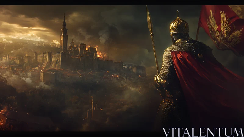 Armored warlord surveys burning medieval fortress at dusk