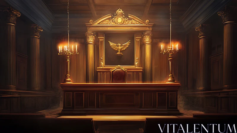 Ornate classical courtroom bench with warm candlelight.