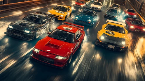 Turbocharged street racers blaze through neon city asphalt