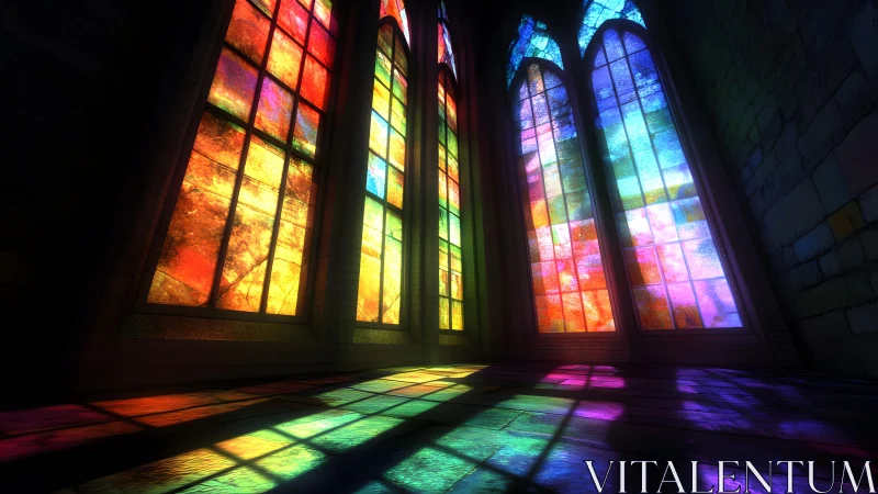 Vibrant stained glass windows casting colorful light in gothic interior.