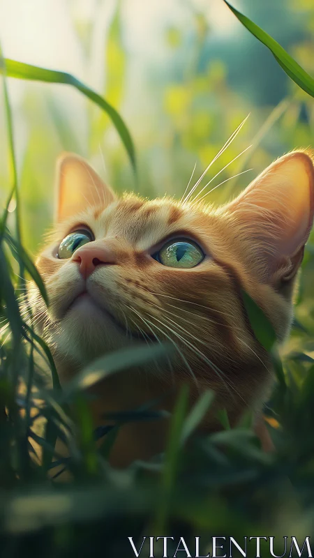 Orange tabby cat gazing upward among verdant grass blades