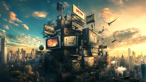 Vertical city of screens rises above dense futuristic skyline