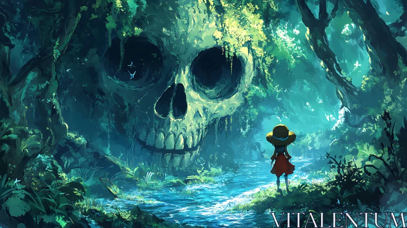 Child observes large skull-shaped structure within dense forest