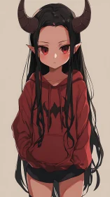 Horned anime girl stands front-facing in red hoodie