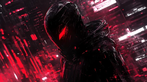 Shadowed cyber figure glows with sharp red digital energy