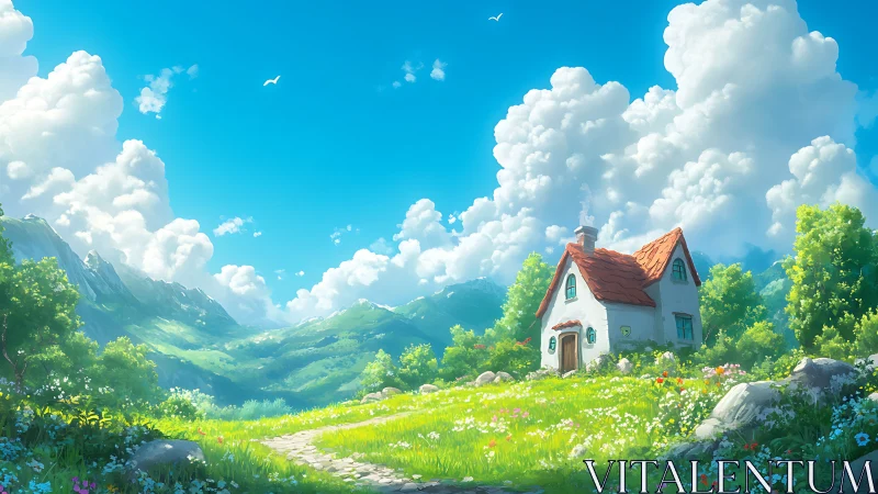 Small countryside house under bright summer clouds.