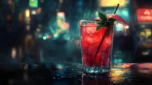 Neon Rain Cocktail in Dark Urban Setting.