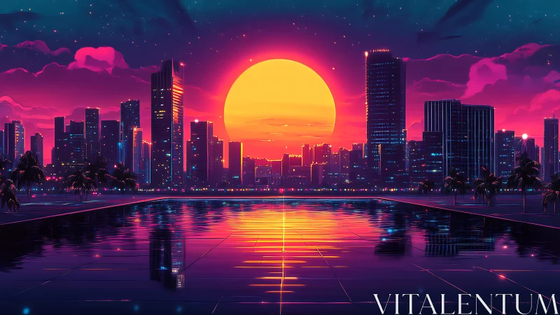 Neon-lit cybercity skyline mirrors a radiant synthwave sunset