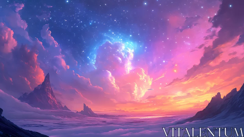 Spectral nebula sky illuminates frozen alien valley in vivid gradients