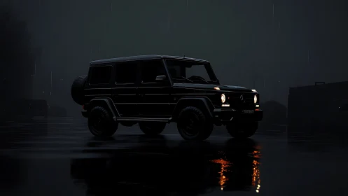 Black off-road SUV in wet night parking lot environment.