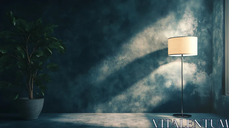 Minimalist corner lamp casts soft light across blue wall.