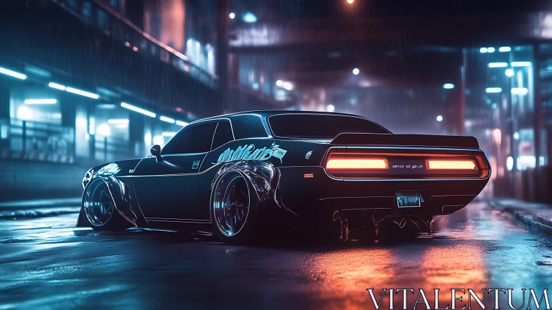 Neon-soaked muscle car prowls a rainlit cyberpunk boulevard.