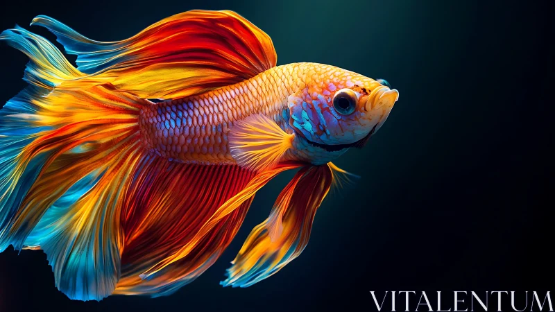 Flame-tailed betta drifts like molten silk in midnight water.