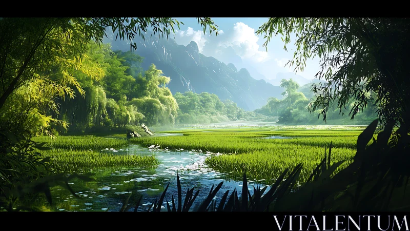 Lush river wetlands under misty mountain backdrop panorama.