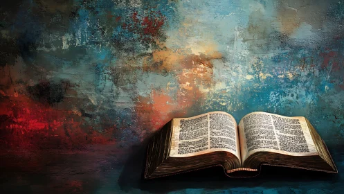 Ancient open book rests before textured abstract wall.