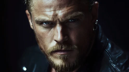 Tight low-key portrait isolates intense blue-eyed stare in shadow