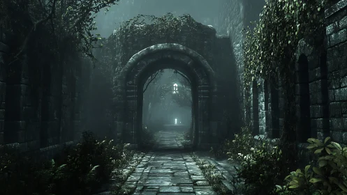 Foggy ruined stone corridor with ivy and distant light.