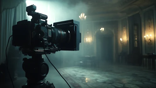 Cinema camera on tripod frames misty baroque interior