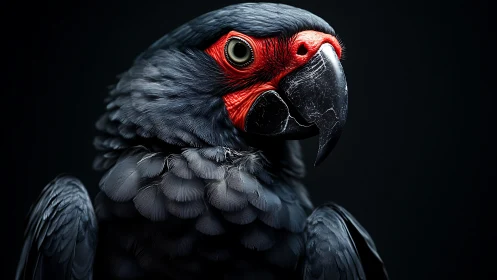 Striking black parrot portrait with vibrant red beak on dark background.