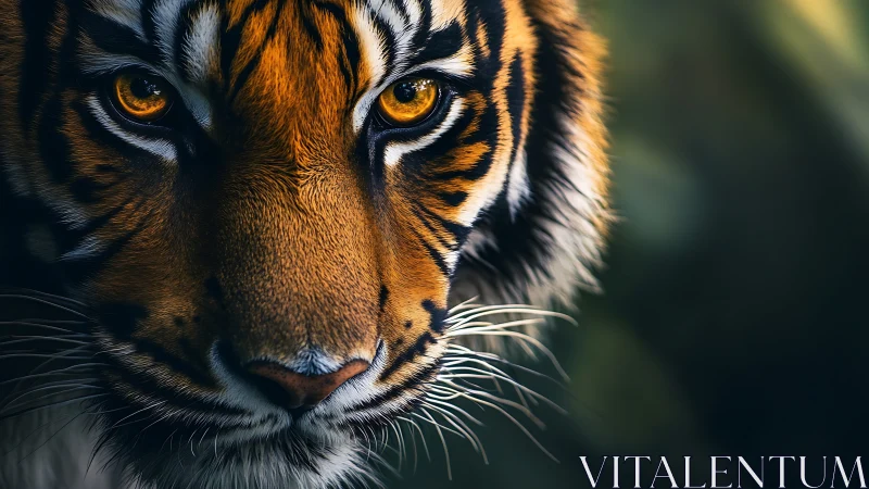 Close tiger face with sharp amber eyes in soft focus jungle.