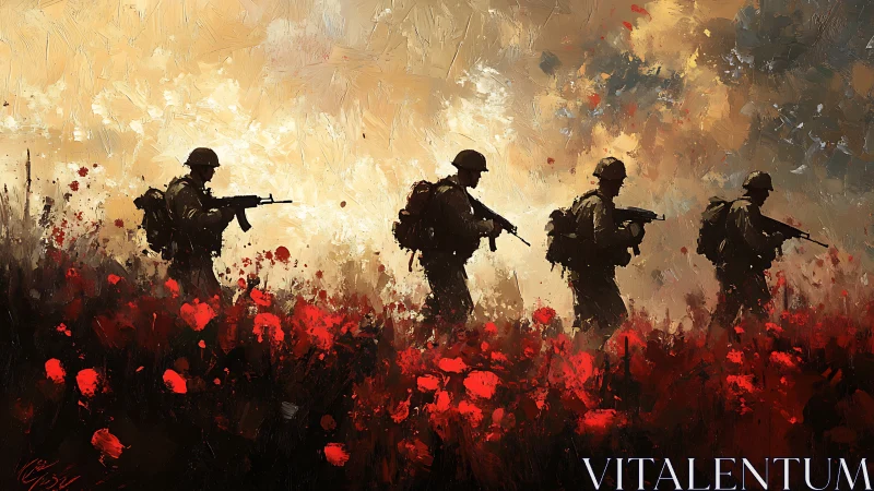 Silhouetted soldiers advance through poppy field under impasto sky