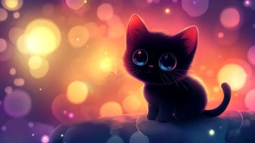 Black Kitten with Luminous Eyes in Bokeh Sunset