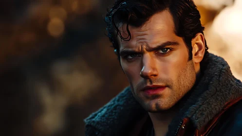 Moody male portrait under warm cinematic sunset light.