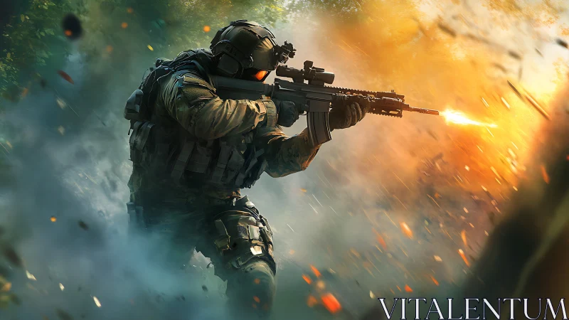Tactical operator advances through cinematic battlefield fire.
