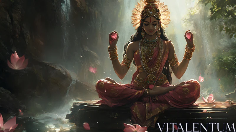 Seated figure in ornate attire meditates amid waterfall light