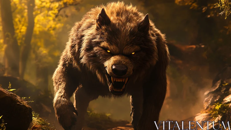 Enraged giant wolf stalks a sunlit forest trail.