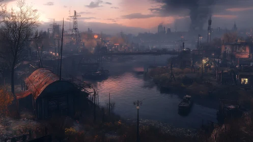 Twilight river outpost exhales quiet smoke and rusted dreams