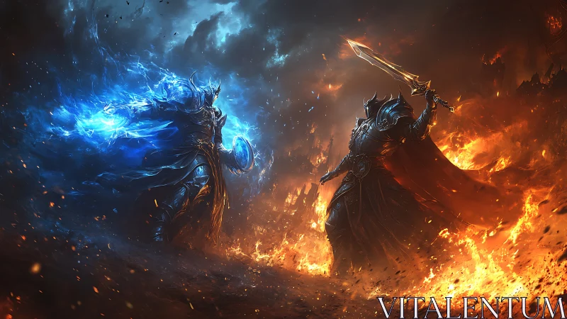 Armored fire and ice warriors confront each other in battle