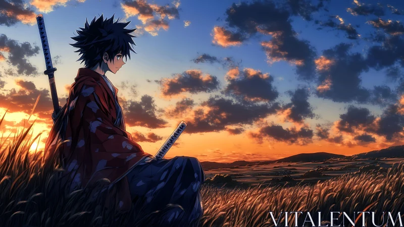 Samurai figure in grassland observing distant sunset horizon.
