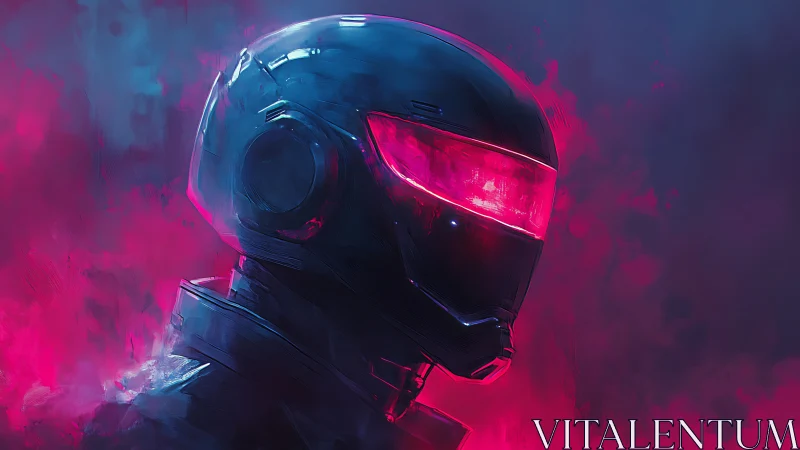 Neon cybernetic helmet glows through magenta vapor haze.