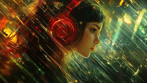Girl with red headphones drifts through neon rain and music