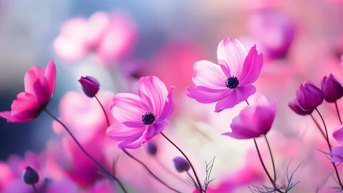 Pink Cosmos Flowers Dancing in Soft Light.