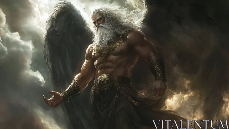 Storm-forged archangel strides through shattering heavenlight.