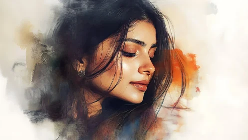 Side profile portrait shows closed eyes and soft painterly glow