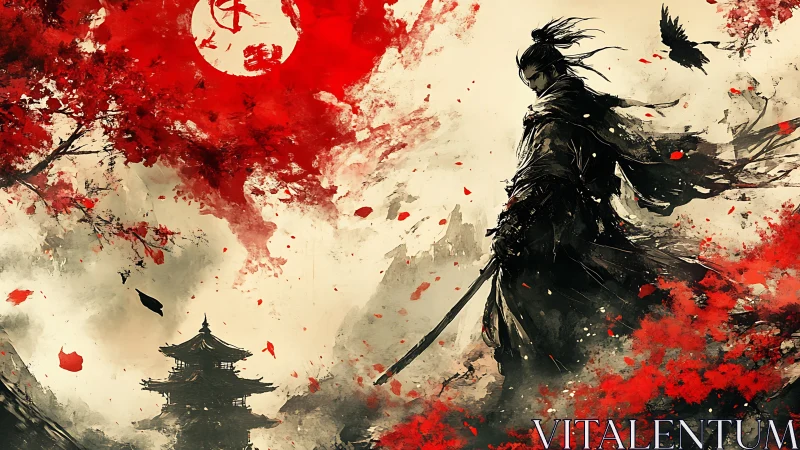 Samurai silhouette in red ink storm before pagoda at dusk