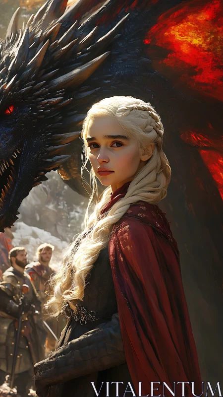 Dragon queen with braided hair before blazing beast.