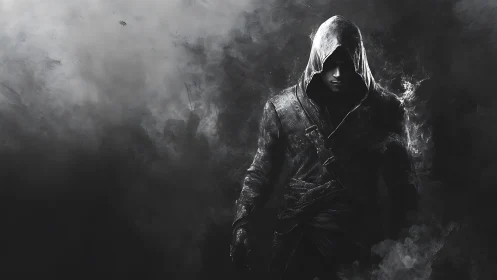 Hooded figure emerging from dark monochrome smoke field.
