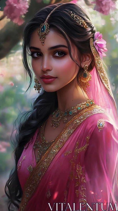 Digital portrait renders ornate saree, jewelry and soft bokeh lighting