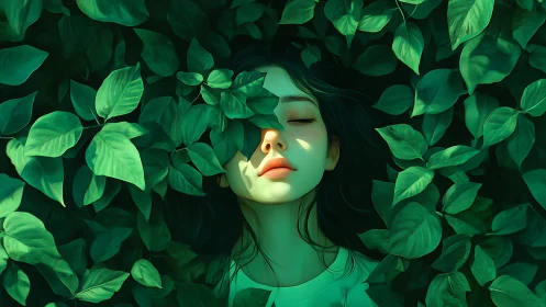 Dreaming girl immersed in luminous emerald foliage.