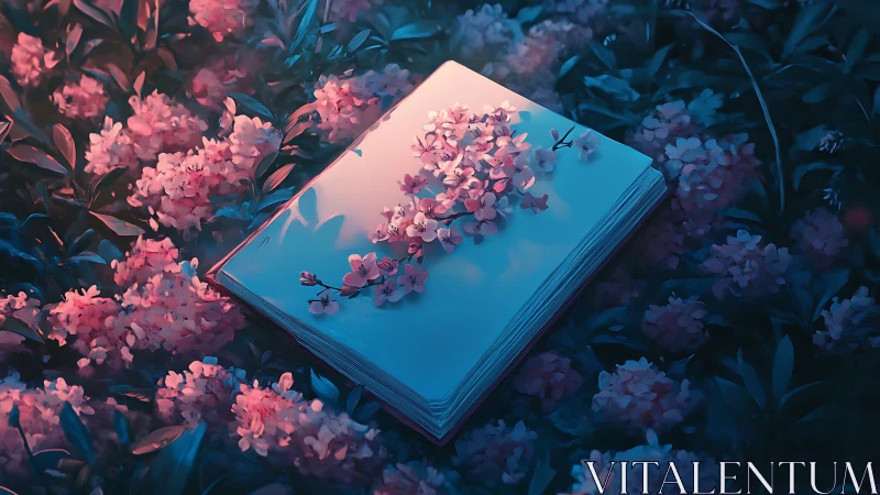 Moonlit storybook rests gently among glowing blossoms