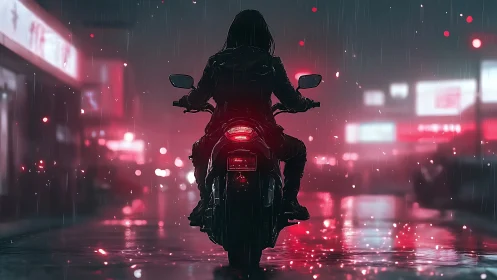 Motorcyclist rides through wet neon city street at night