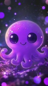 Digital painting of luminous kawaii purple octopus character.